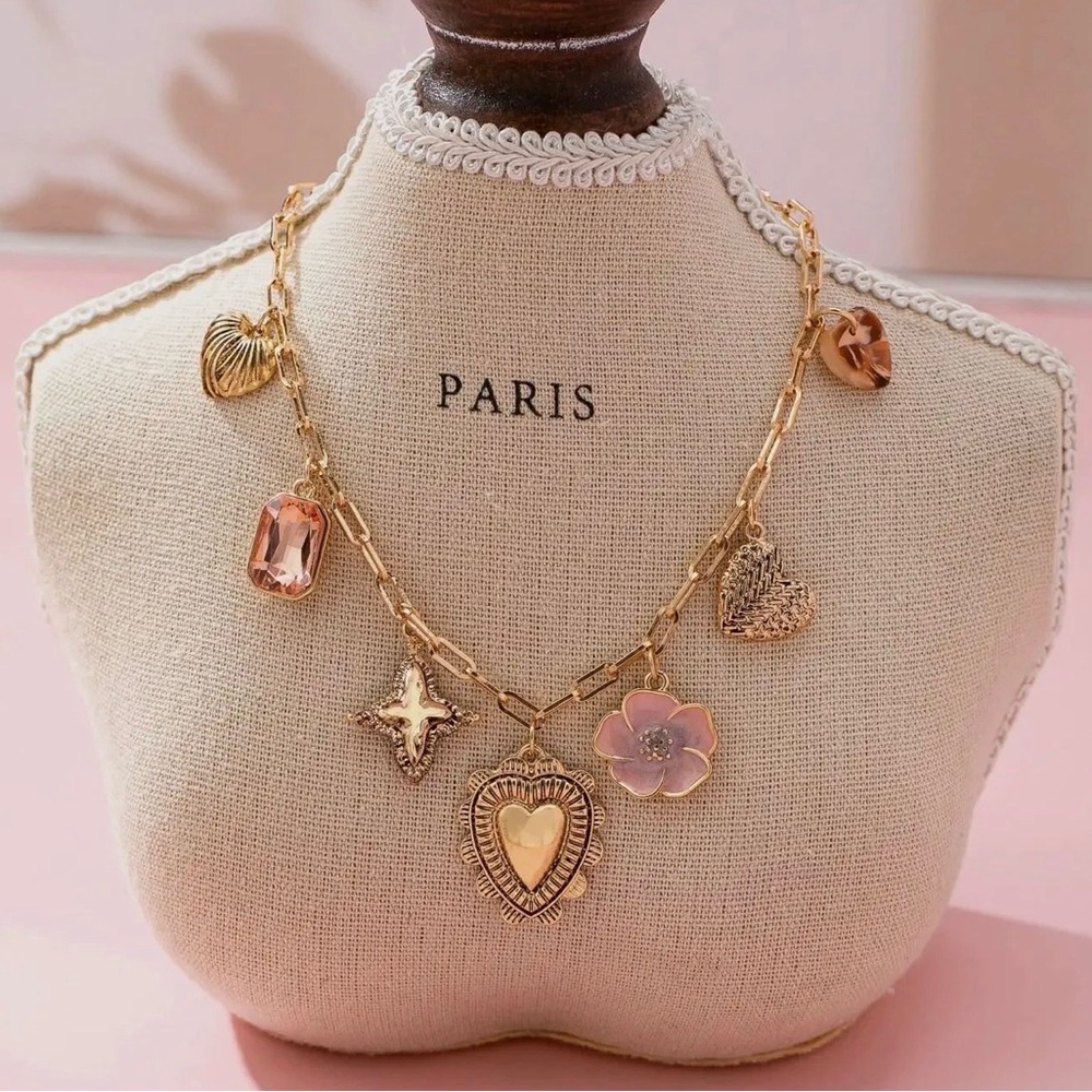 Heart Flower Rhinestone Clover Charm Necklace